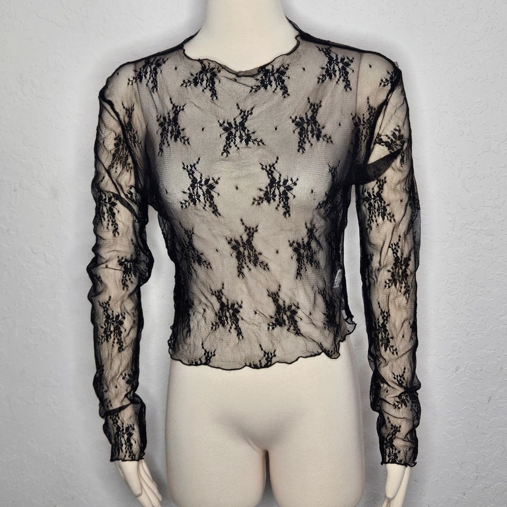 Black Sheer Floral Mesh Long Sleeve Top Women's M Y2K Goth Grunge Lettuce Hem